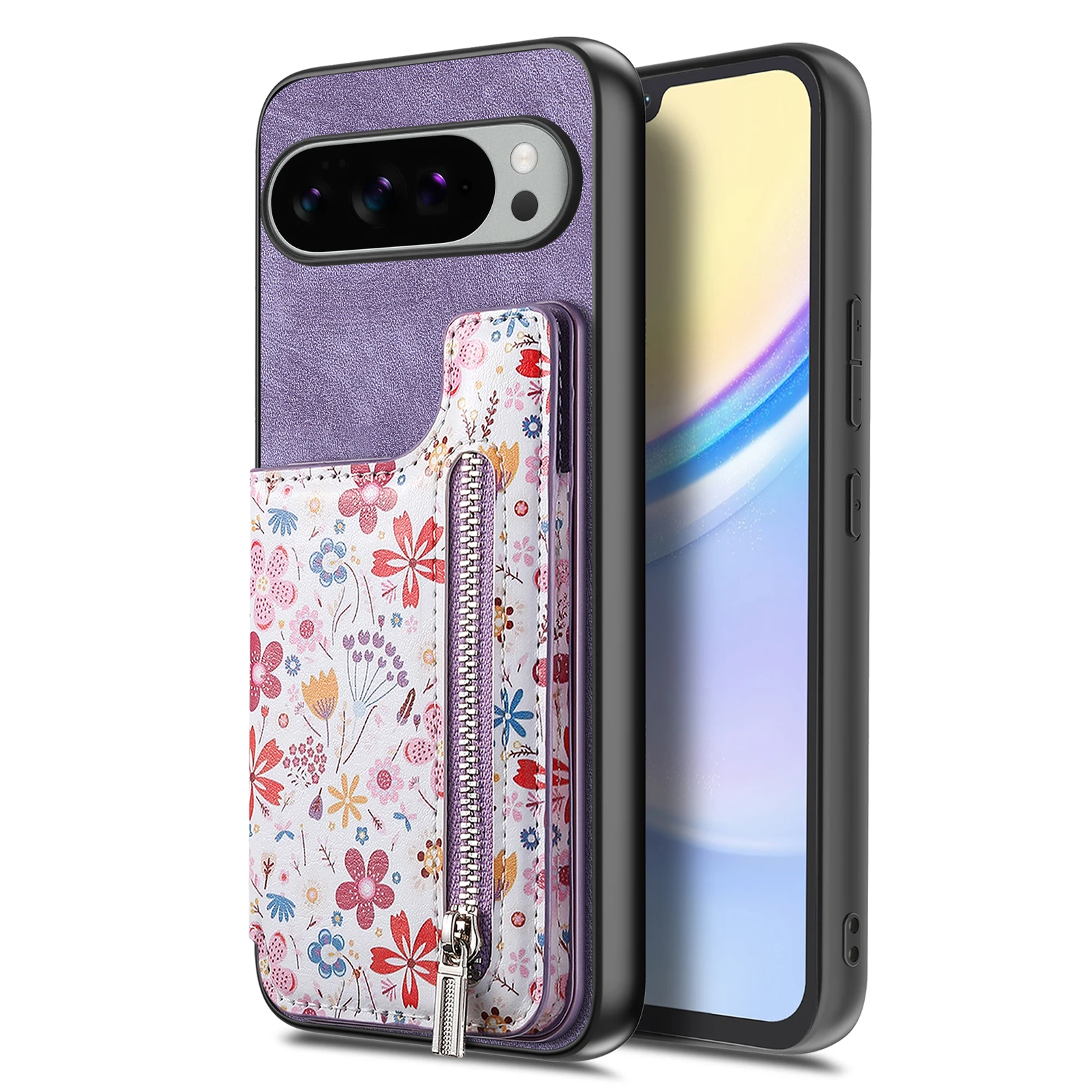

Кожаный чехол для телефона Google Pixel 10 Pro XL с RFID-блокировкой на молнии, сумка для карт, подставка - фиолетовый