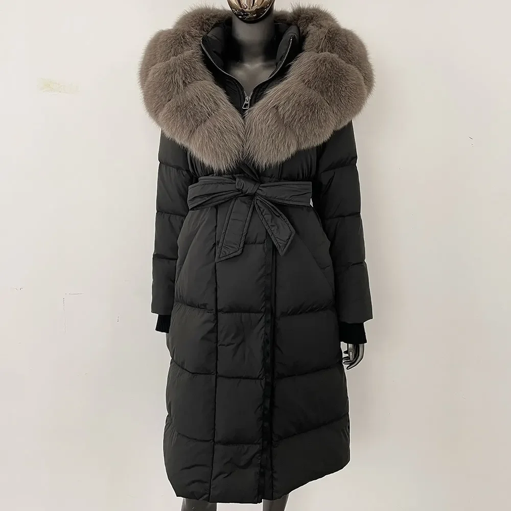 Jaket Puffer Panjang Wanita Musim Dingin Baru dengan Tudung, Jaket Bulu Angsa Putih Hangat, Mantel Bulu Rubah Asli Wanita, Mantel Bulu Alami Wanita