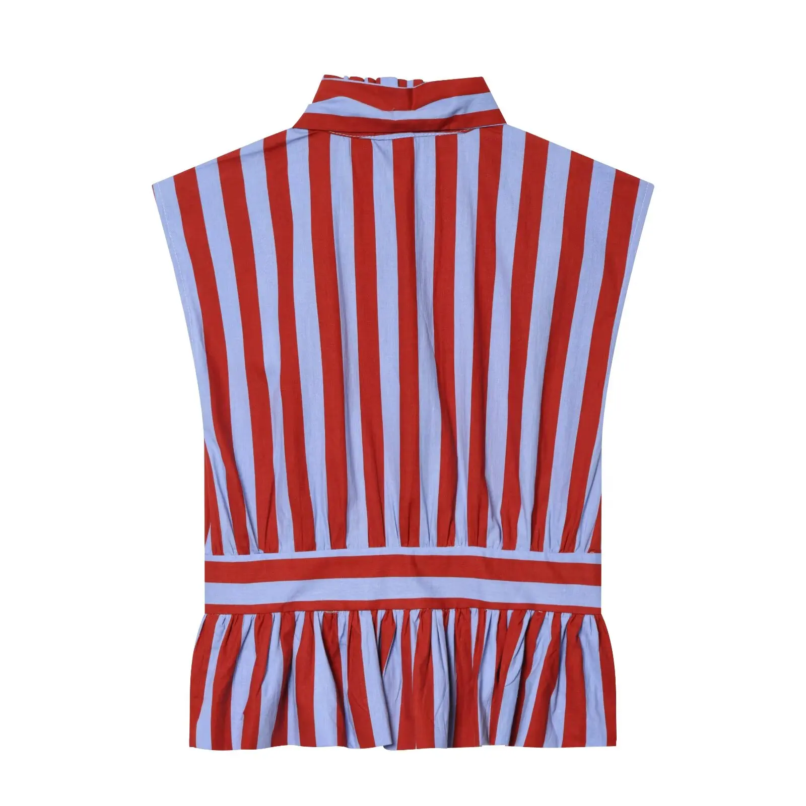 HH Damen Sommer Gestreifte Bluse mit Schleife, Rüschenkragen, Ärmellos, Knopfleiste, Peplum-Top im Preppy-Stil, Lässig für Abschlussfeier und Urlaub – Detail 3