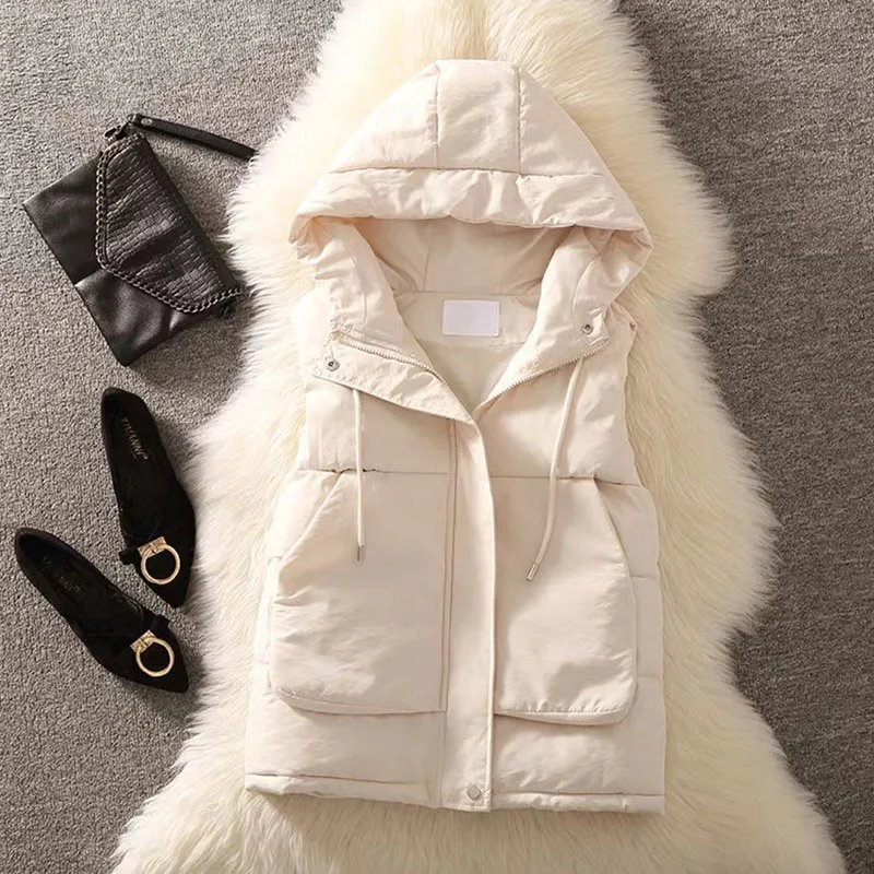 

Winter Warm Down Cotton Vests Jacket 2024 New Women Korean Sleeveless Parka Female Vest Hooded Mid Long Waistcoat Jacket