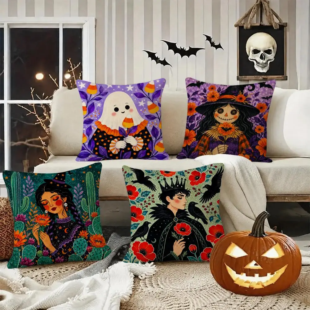 Folk Witch Halloween Cushion Cushion Cover Halloween Rustic Throw Pillow Covers, Cute Ghost Pumpkin Maple Leaf Cushion Covers