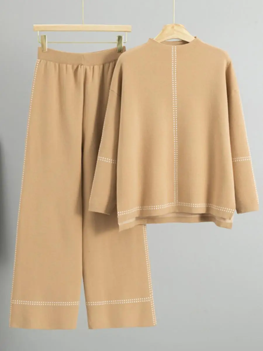 

Модный свободный вязаный свитер и брюки с высокой талией и широкими штанинами, комплект из двух предметов для женщин, осень-зима-весна, повседневный стиль для работы и отдыха.