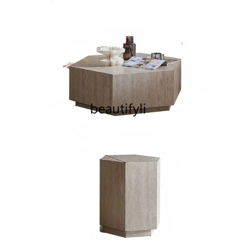 

ss25 Travertine rock slab slack feeling minimalist feeling quiet wind advanced feeling hexagonal special-shaped coffee table