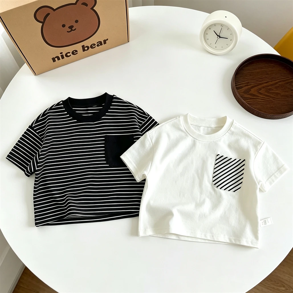 Fashion Tops Black And White T-shirt Casual Loose Round Neck Short Sleeve Simple Versatile Base Shirt Baby Boys Striped Tees