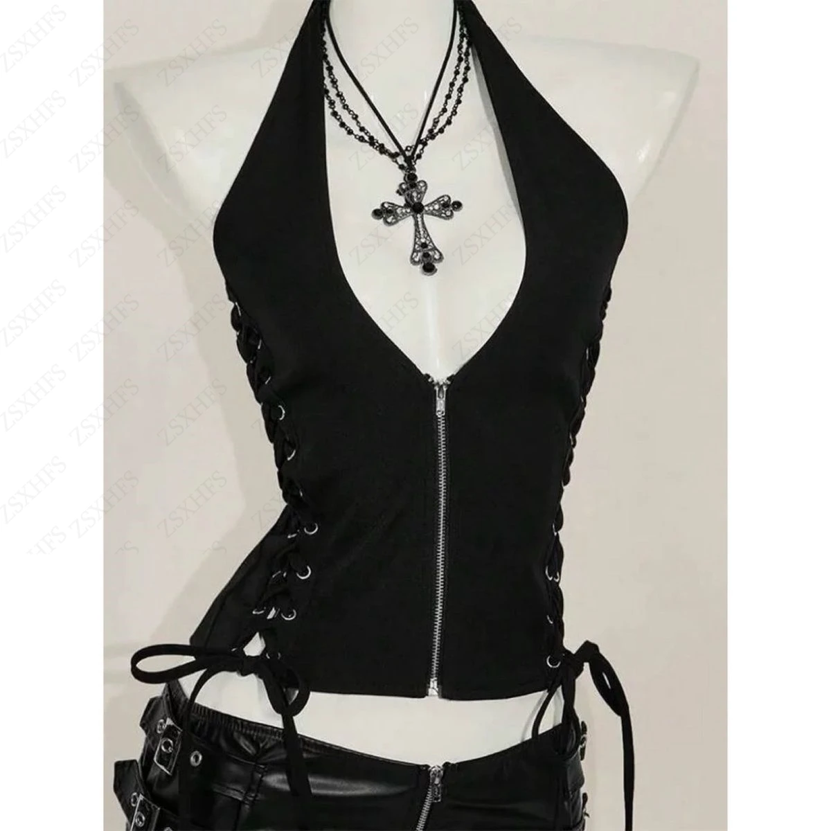 Gothic T shirt Women Punk Tops Vintage Clothes Lace Up Bandage T shirts Tank Grunge Camisole Dark Trendy Y2k Crop Top Aesthetic