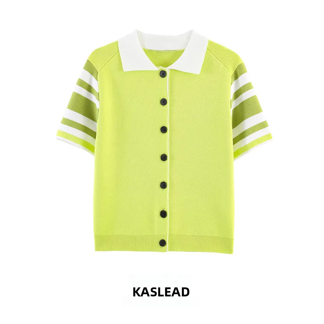 

KASLEAD New Women's Fashion Stripe Knitted Shirt Coat Polyester Fiber Short Sleeve Button Closure Cardigan Spring 2026
