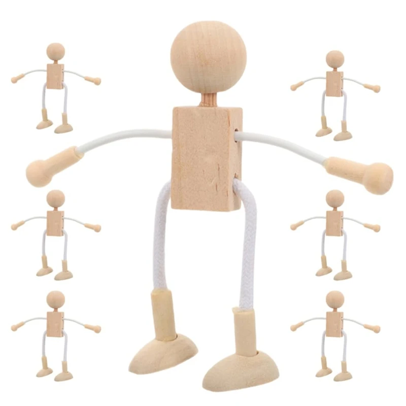 7Pcs Blank Wooden Cartoon Figure: DIY Painting Robot Figures Joint Figures Robot Peg Doll For DIY