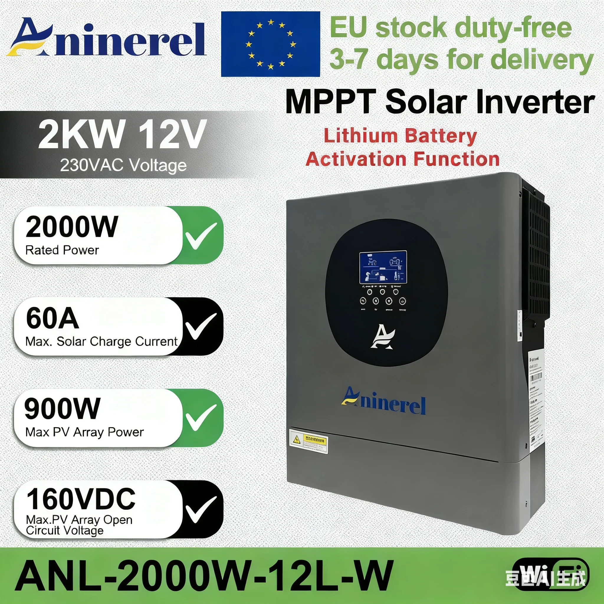 Aninerel 2KW 4.2KW عاكس للطاقة الشمسية الهجين على الشبكة + خارج الشبكة 230Vac نقية شرط لموجة العاكس MPPT شاحن بالطاقة الشمسية PV 60-500VDC WIFI #1