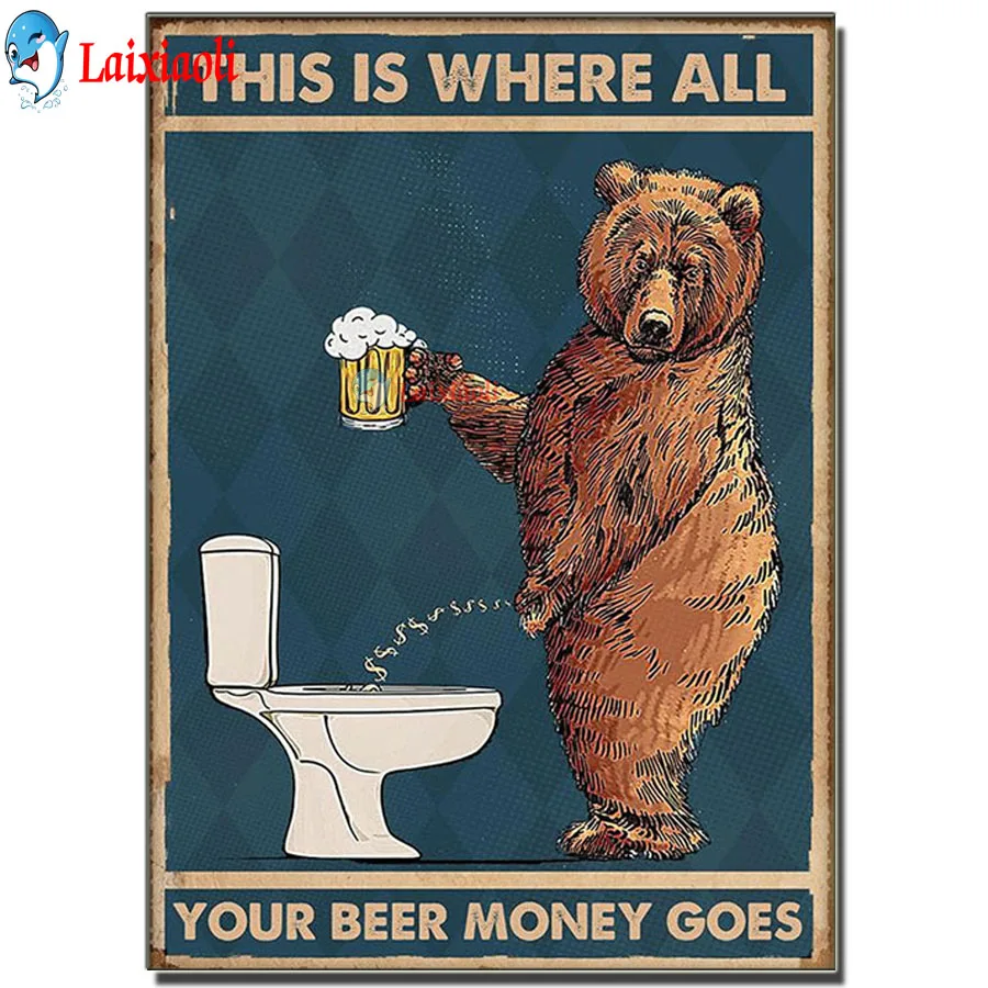 Funny Beer Home Decoration Drinking Bear Vintage diamond Painting full square round drill Picture for Bathroom Toilet Wall Decor