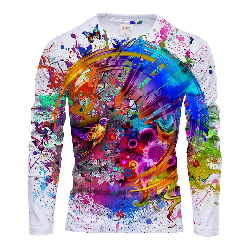 Men Polyester 3D Print Hummingbird Butterfly Floral Splash Art Graphic Long Sleeve T-shirt Crew Neck Colorful Casual Street Tops