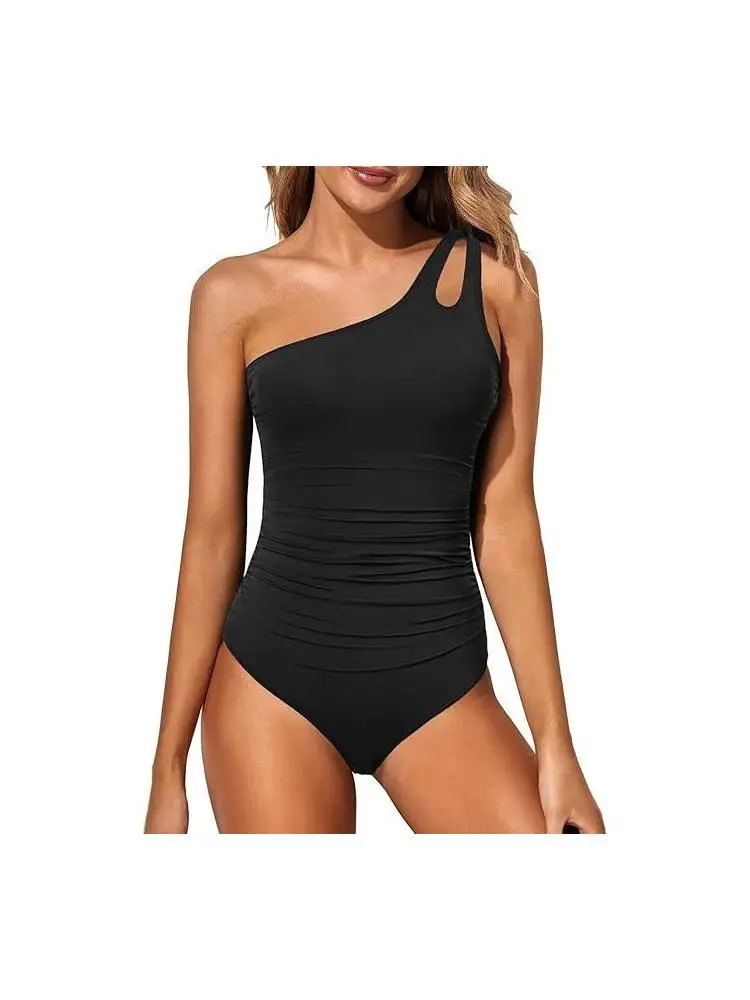 

Разноцветный слитный купальник с принтом, на одно плечо, треугольный дизайн, со стальными вставками, без чашечек, из полиэстера