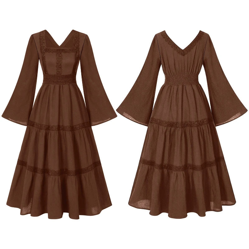 2025 New Beige Halloween/Christmas Square Neck Lace Trim Bell Sleeve Dress for Women, Halloween/Christmas COS Costumes Long Sirt - Image 5