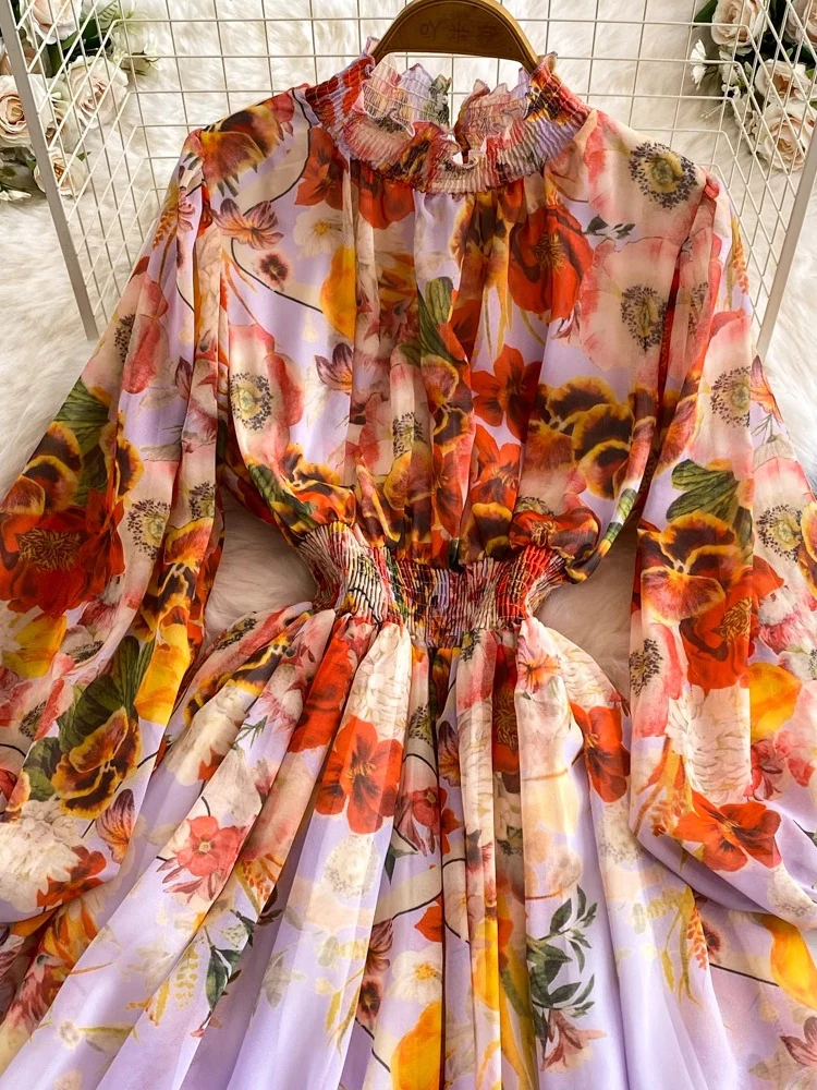 Autumn Women Floral Print Long Dress Elegant Stand Collar Puff Sleeve High Waist A-Line Party Maxi Vestidos Female New Fashion