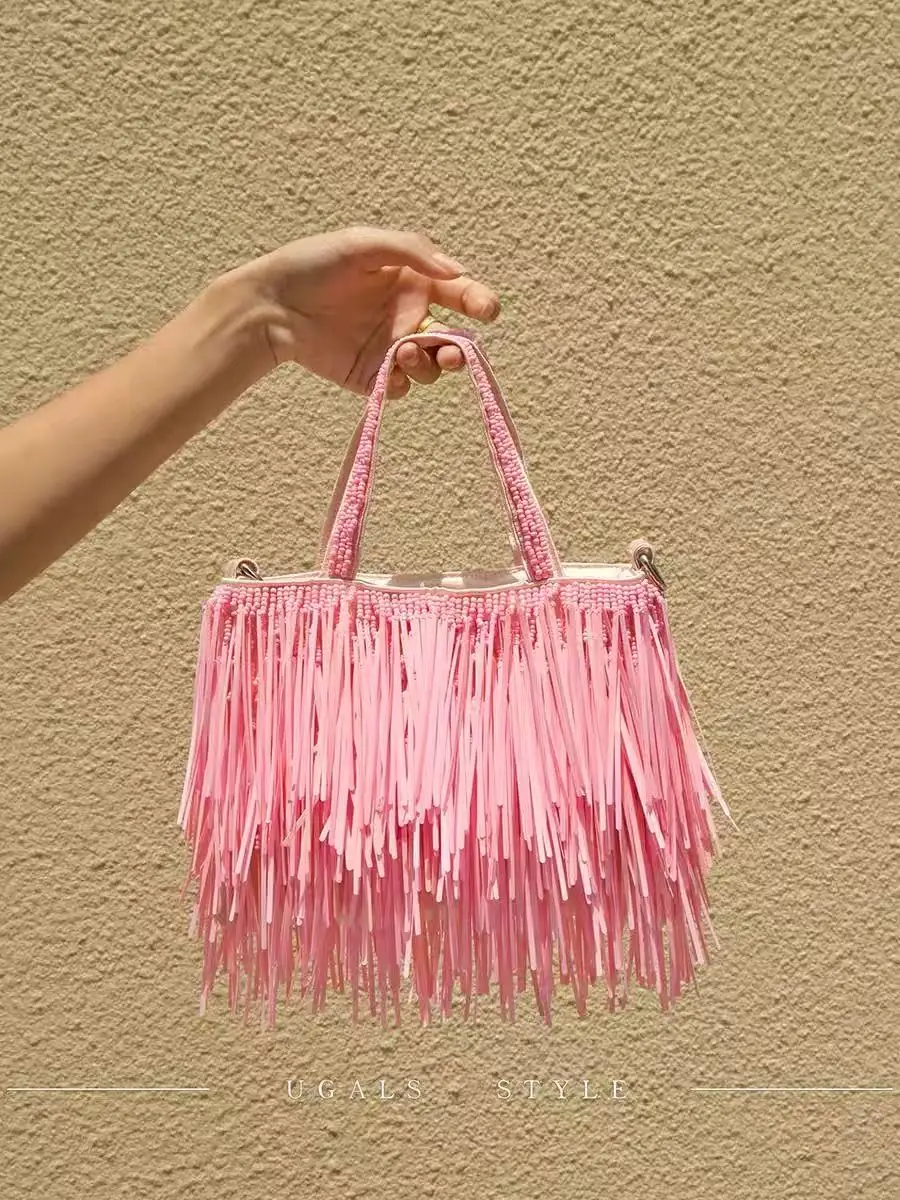 

Fashion Beads Beaded Handmade Bucket Bag Long Tassel Tote Bag Large Capacity Women Handbag Luxury Clutch Purse Shoulder Bag