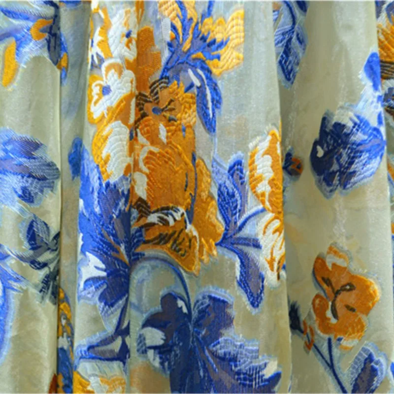 

Beige base blue and yellow jacquard organza transparent fashion fabric dress cheongsam