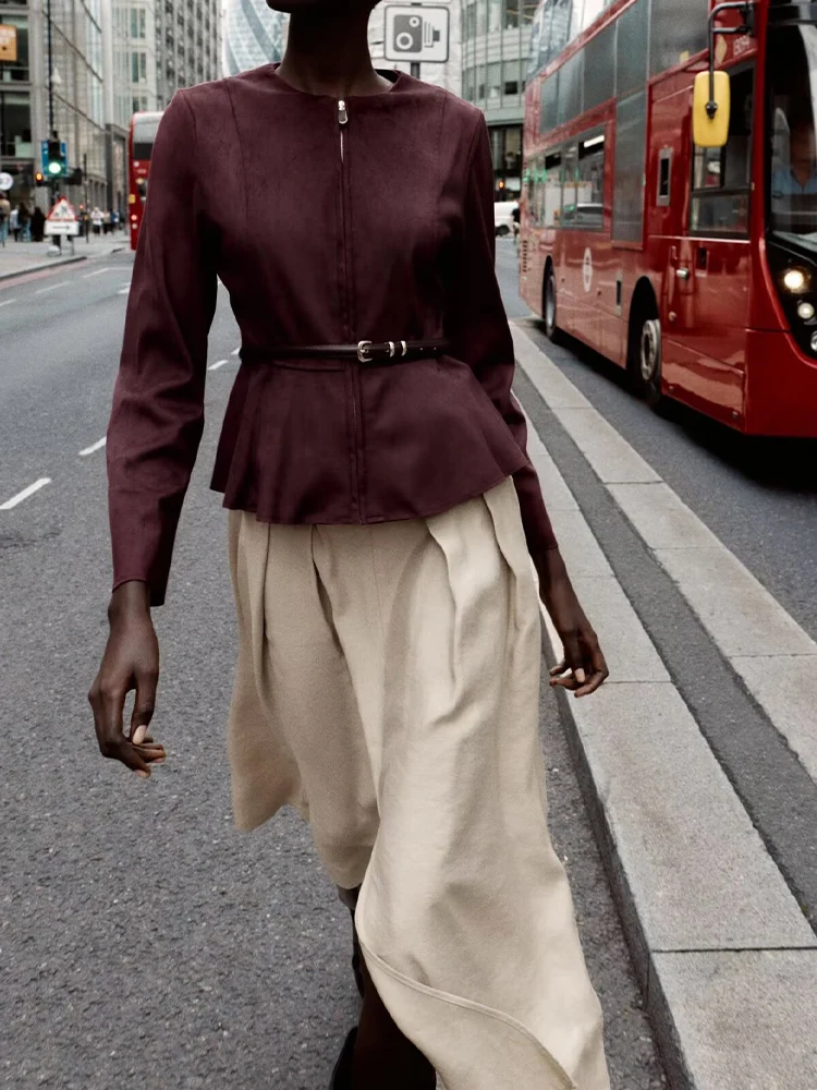 

European and American style autumn new fashion trend simple women's clothing with belt suede leather short skirt jacket