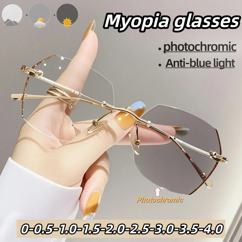

Photochromic Blue Light Blocking Prescription Glasses, Frameless Unisex Eyewear Women Men, Daily Fashion Anti-Reflective Lenses