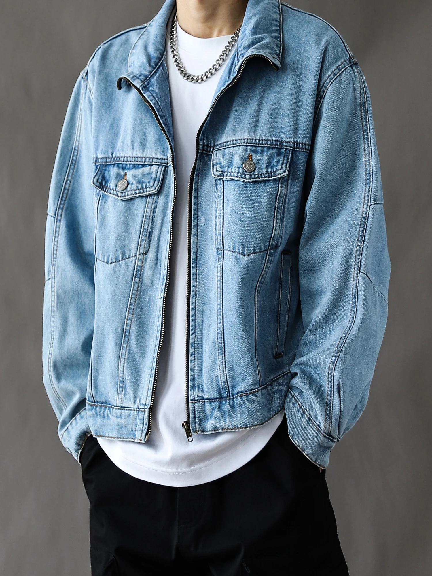 

Мужская джинсовая куртка в стиле ретро, весенне-осенняя, повседневная, свободного кроя, синяя, из смесового хлопка, на молнии, с длинными рукавами, классический стиль