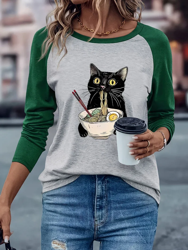 90s Trendy Japanese Style Ramen Cat Casual Long Sleeve T-shirt Kawaii Cat Winter Autumn Graphic Long Sleeved T Shirt Woman