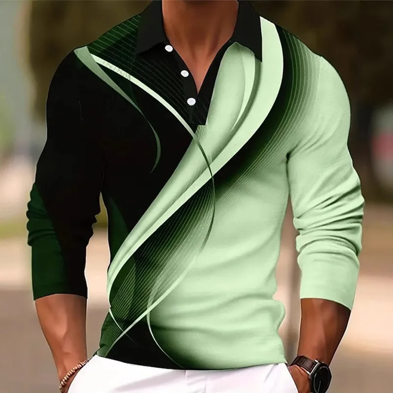 Men Clothes Long Sleeve 3D Digital Print Casual Polo Shirt Men Fashion Button Lapel Tops Polo Men Sport Golf Polo Shirt Resilien