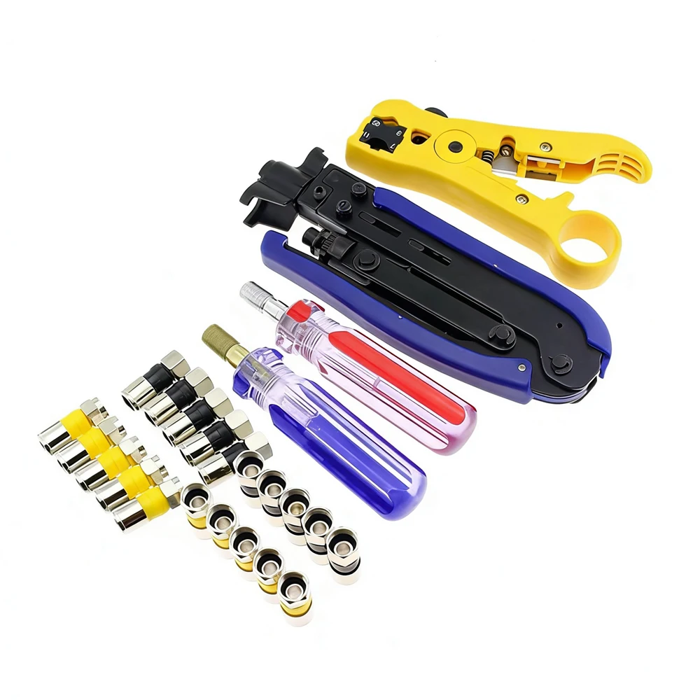 

Многофункциональный набор инструментов для коаксиальных кабелей RG59, RG6, RG11 с коннекторами, инструменты для обжима F-типа, стрипперы, клещи для зачистки проводов.