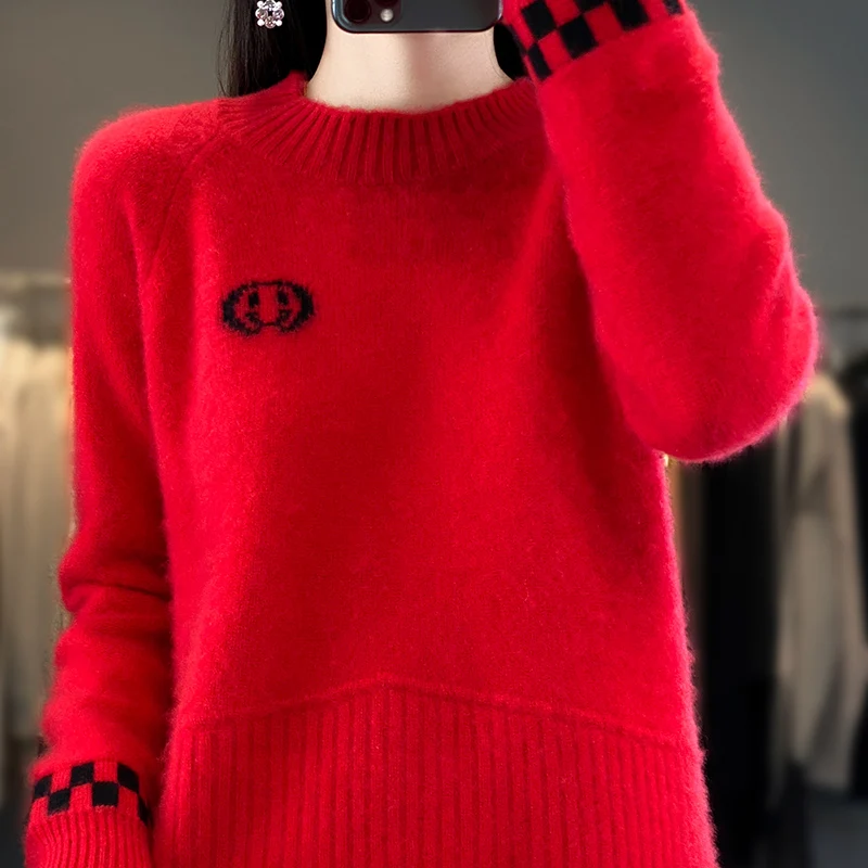 2023 autumn and winter new 100% pure sweater fashion Joker O-neck knitted ladies solid color long-sleeved warm sweater MT