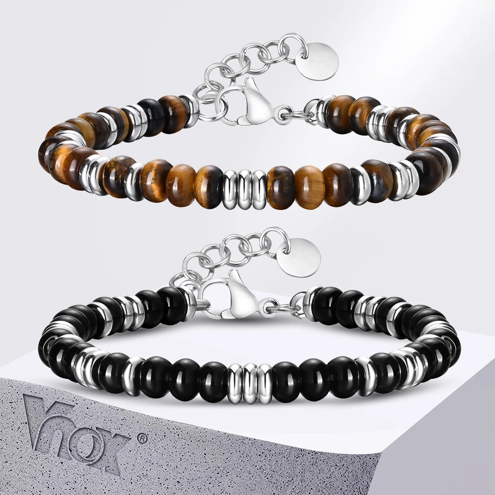 

Vnox 6mm Black Onyx Stones Beaded Bracelets for Men Women, Classic Tiger Eye Stones Beads Chain Bracelets, Adjustable Wristband