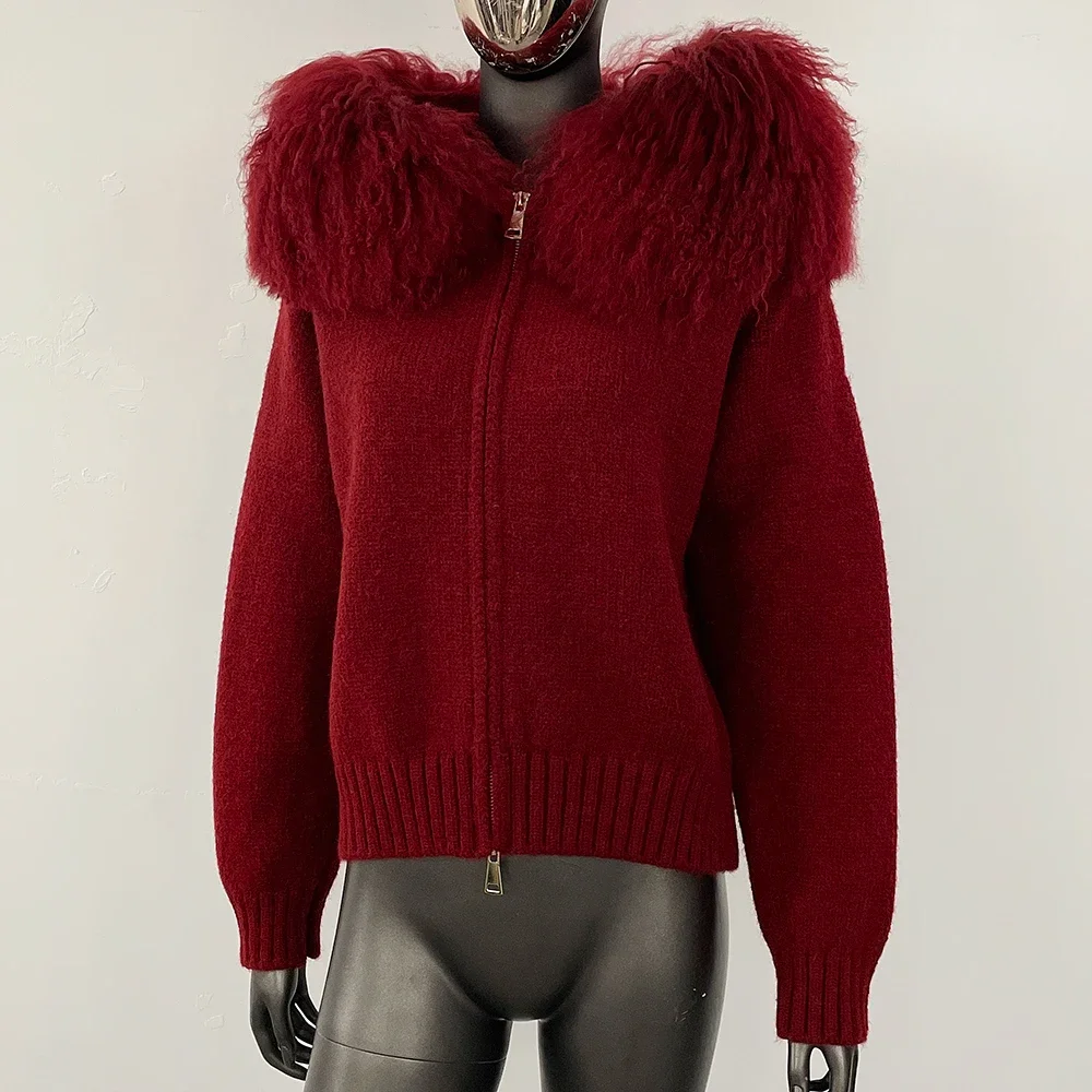 مقنعين الفراء المنغولي الحقيقي تريكو معطف الفرو الحقيقي أزياء المرأة سترة ربيع الخريف الشتاء الدافئة الإناث عارضة محبوك سترة #3