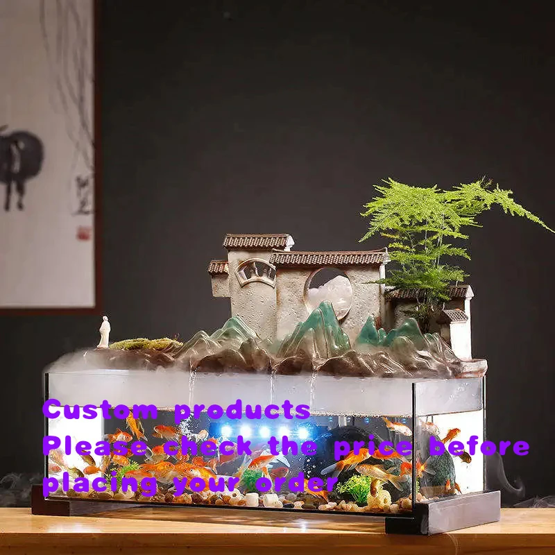 custom.Tabletop Landscape Village Rockery Fountain Fish Office Desktop Aquarium Housewarming Zen Garden Aquarium