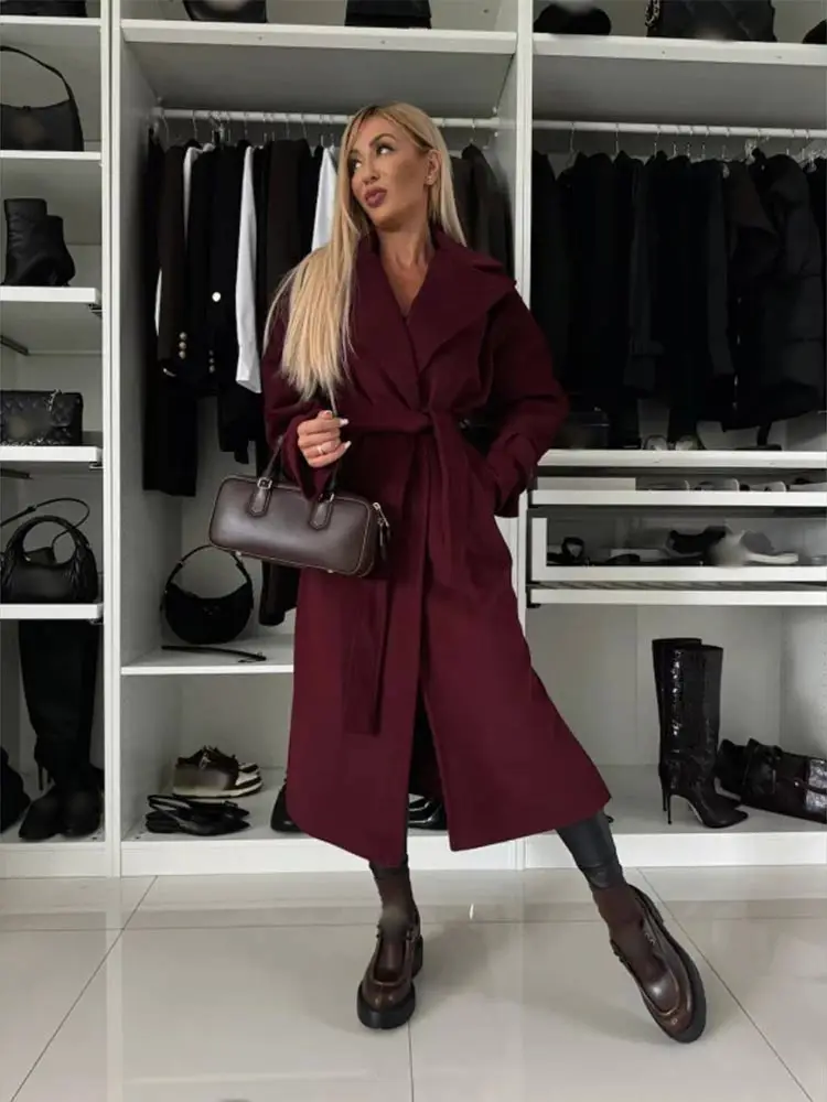 Elegant Wine Red Lapel Women\'s Overcoat With Belt 2024 Fashion Full Sleeves Side Split Long Coat Fall Winter Lady Chic Outerwear