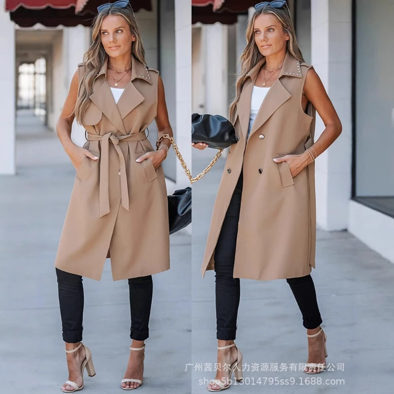 

Women Trench Mid Length Coats Jackets Turn Down Collar Coat Sleeveless Lace Up Y2k Streetwear Jacket Work Outerwear Spring 2026
