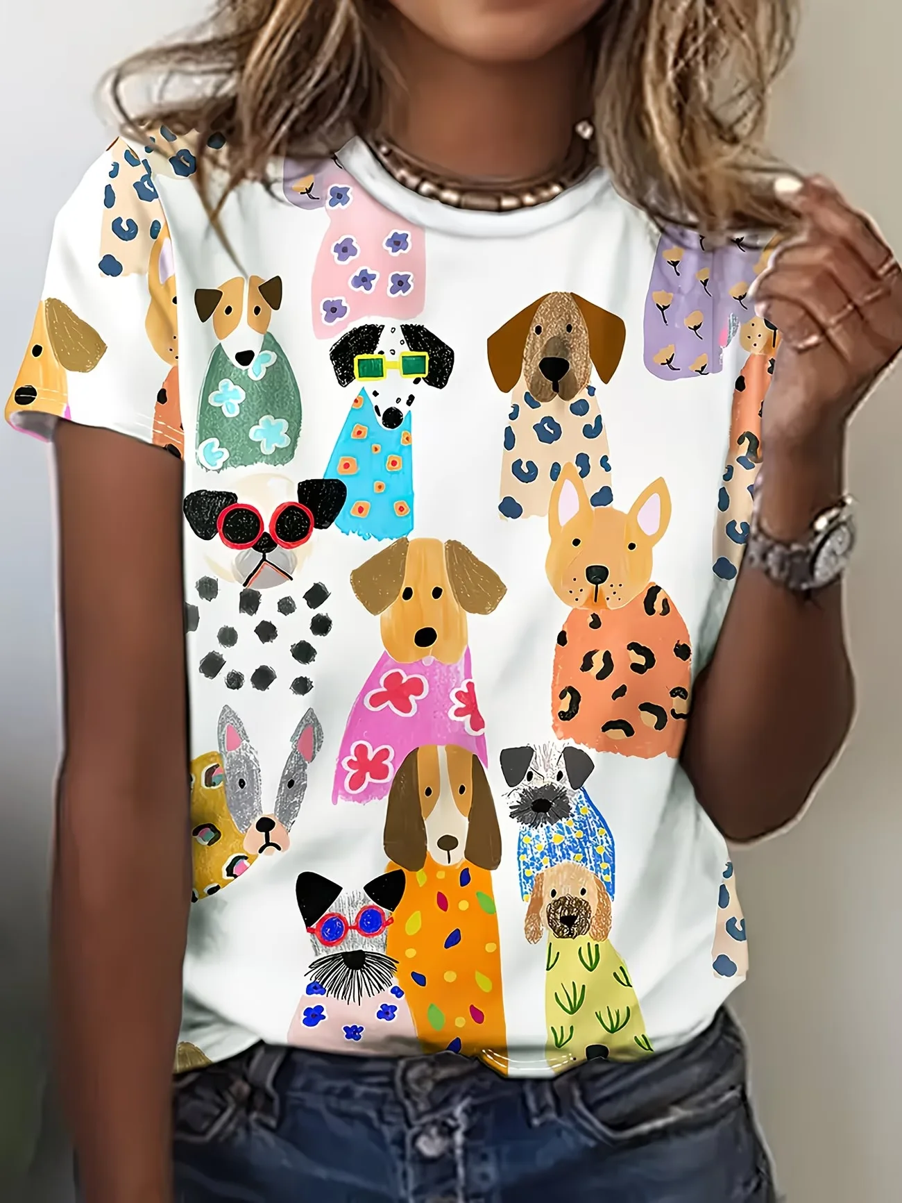 Lady Cute T-shirts Crew Neck Short Sleeve Cartoon Dog Print T Shirt Women's Outfits Casual Daily Wear