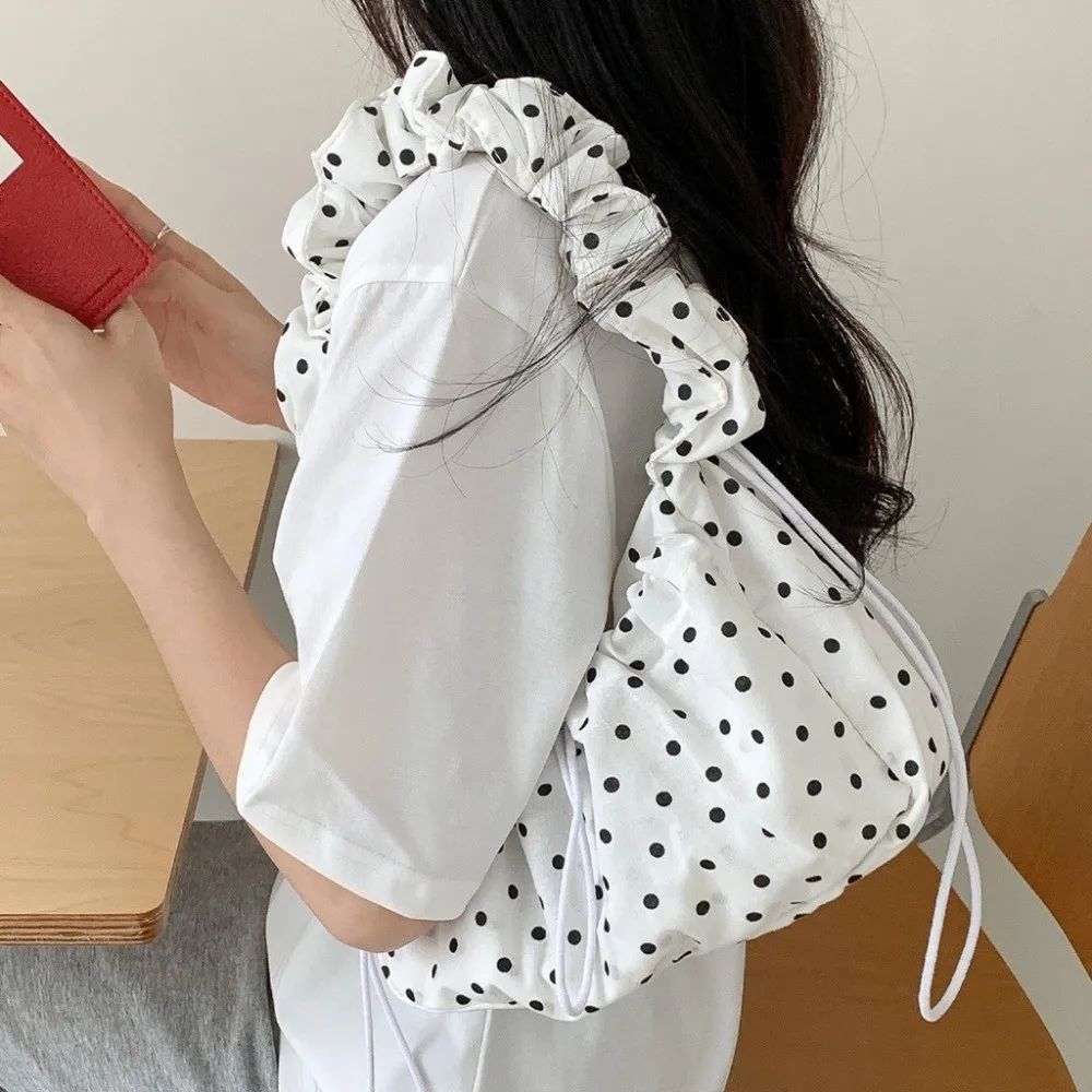 Versatile Polka Dot Underarm Bag Large Capacity Lightweight Drawstring Shoulder Bag Dumpling Bag Korean Style