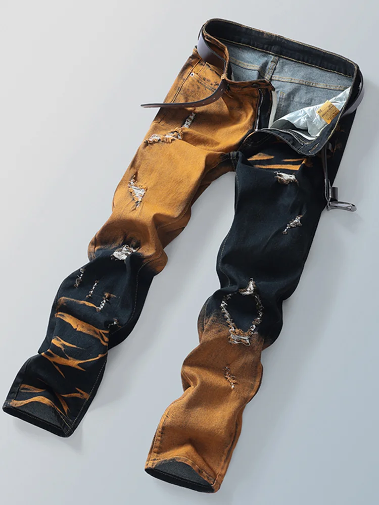 Men's Gradient Color Hole Denim Pants High Street Spliced Vintage Long Trousers Trendy Straight Leg Pants