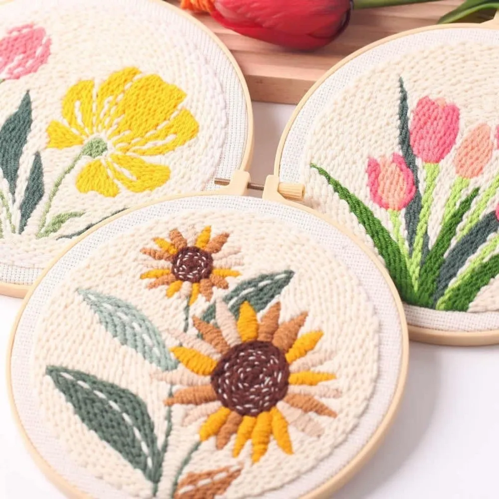 

with Hoop Tulip Sunflower Punch Needle Kit Stamped Cloth DIY Gift Punch Needle Embroidery Kits Yarn Thread DIY Embroidery Kit