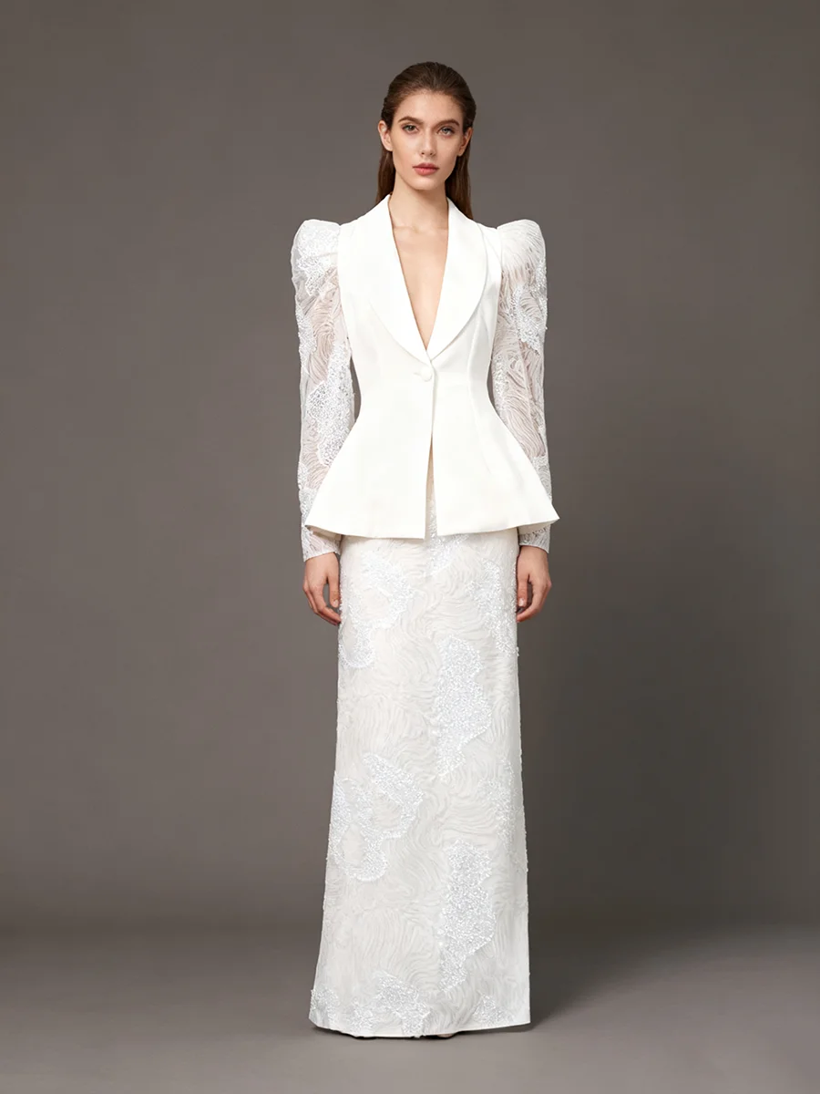 TWOTWINSTYLE Spliced Embroidery Two Piece Sets for Women Lapel Long Sleeves Blazer High Waist Skirt Patchwork Sequins Set Female