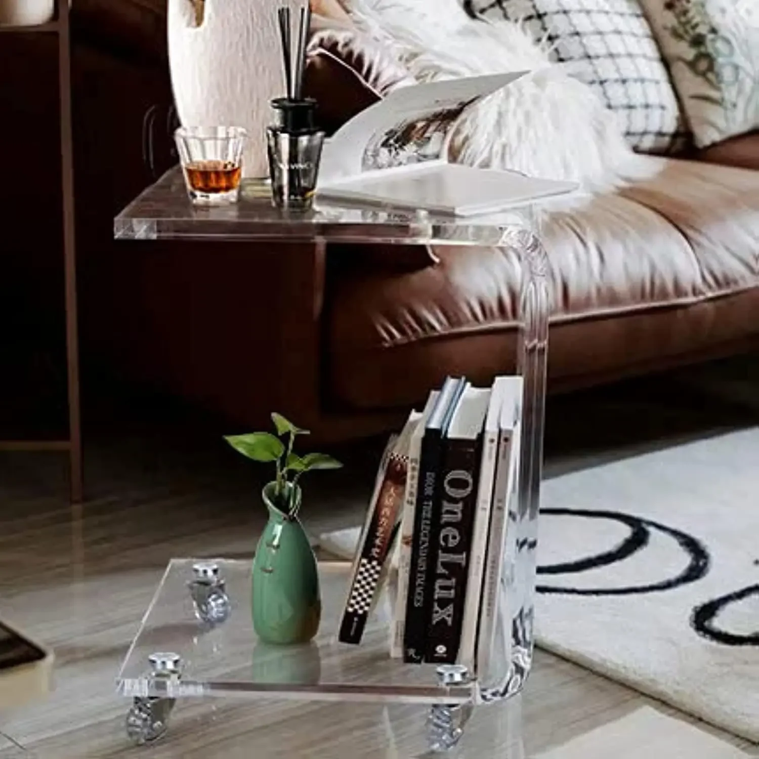 Mobile C Shaped End Table,Acrylic Sofa Side Table, Snack Table On Wheels,Clear Rolling Table