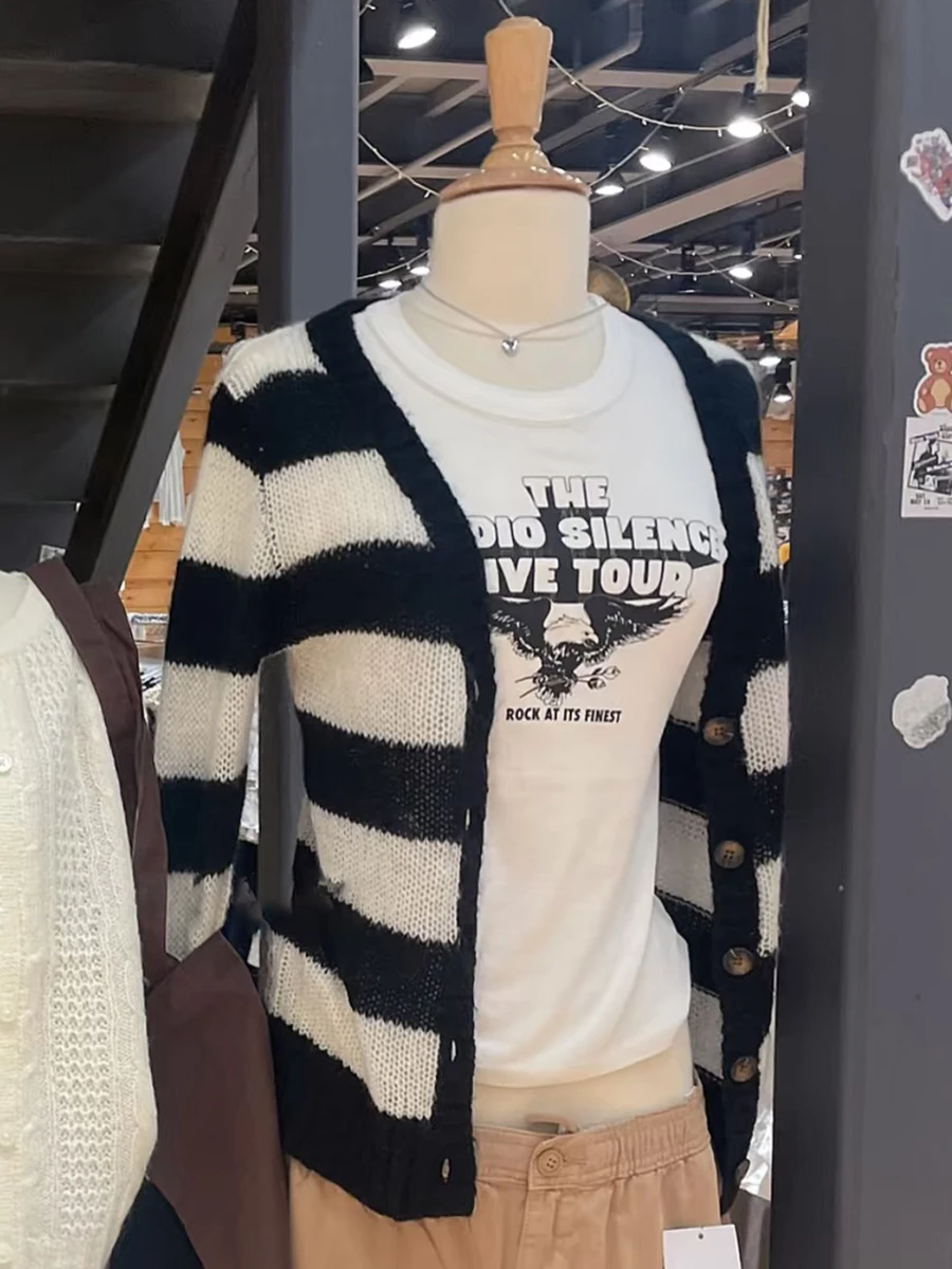 

Vintage Striped Mohair Knitted Cardigan Autumn Sexy V-neck Cotton Thin Long Sleeve Sweaters Women Hollow Out Sweet Knitwear New