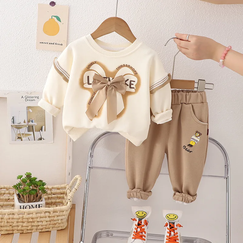 2024Spring and Autumn Bow Long-Sleeved Sweater Girls' Fashionable Stylish Casual Trousers Two-Piece Set