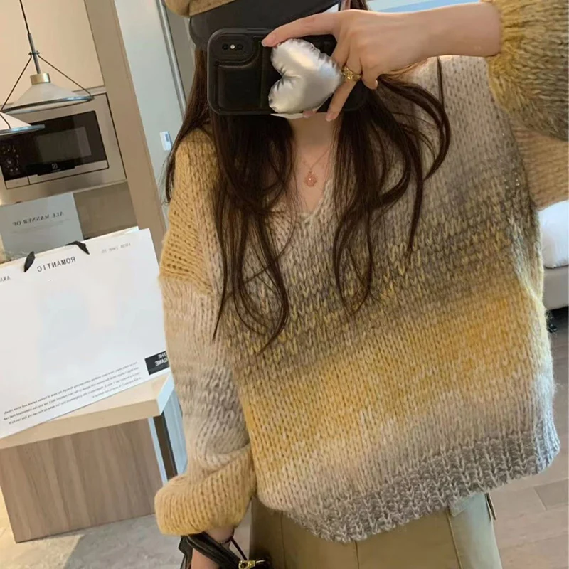 Rimocy V Neck Rainbow Sweater for Women Korean Fashion Long Sleeve Loose Knitwear Ladies 2024 Spring Sweet Knitted Jumpers Woman