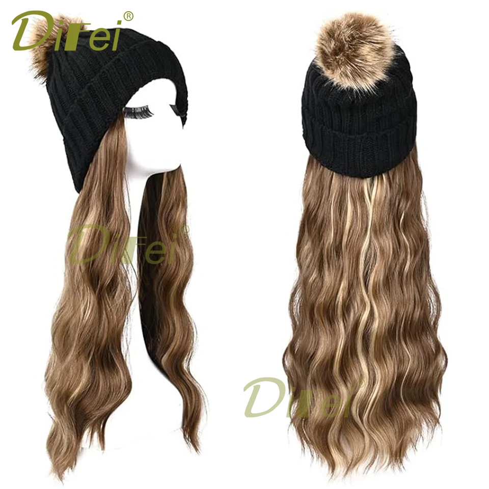 Gorro de punto de felpa con pelo para mujer, extensiones de cabello Artificial ondulado largo sintético, peluca cálida de invierno, sombrero falso