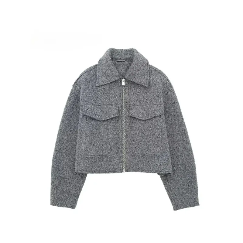 Women Fashion With Pockets Grey Front Zipper Jackets Vintage Lapel Neck Long Sleeves Female Chic Lady Outfits
