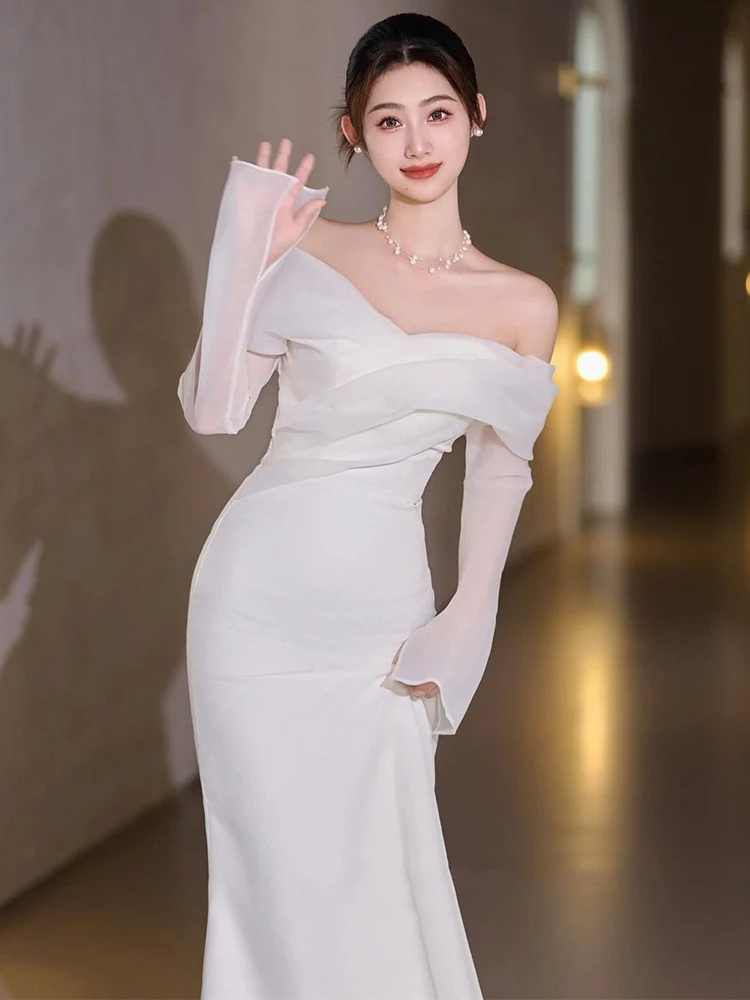 

Элегантное атласное свадебное платье на одно плечо, простое, но роскошное, с эффектом хвоста русалки, белое, для отелей и интерьерных мероприятий