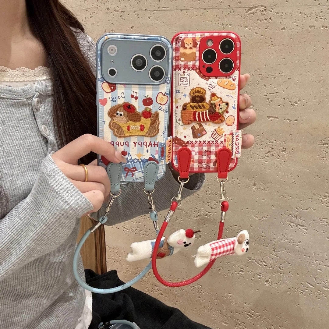 

Christmas Winter Cute Embroidered dachshund Dog doll lanyard Phone Case for iPhone 17 16 15 14 13 Pro Max Back Cover Funda﻿﻿