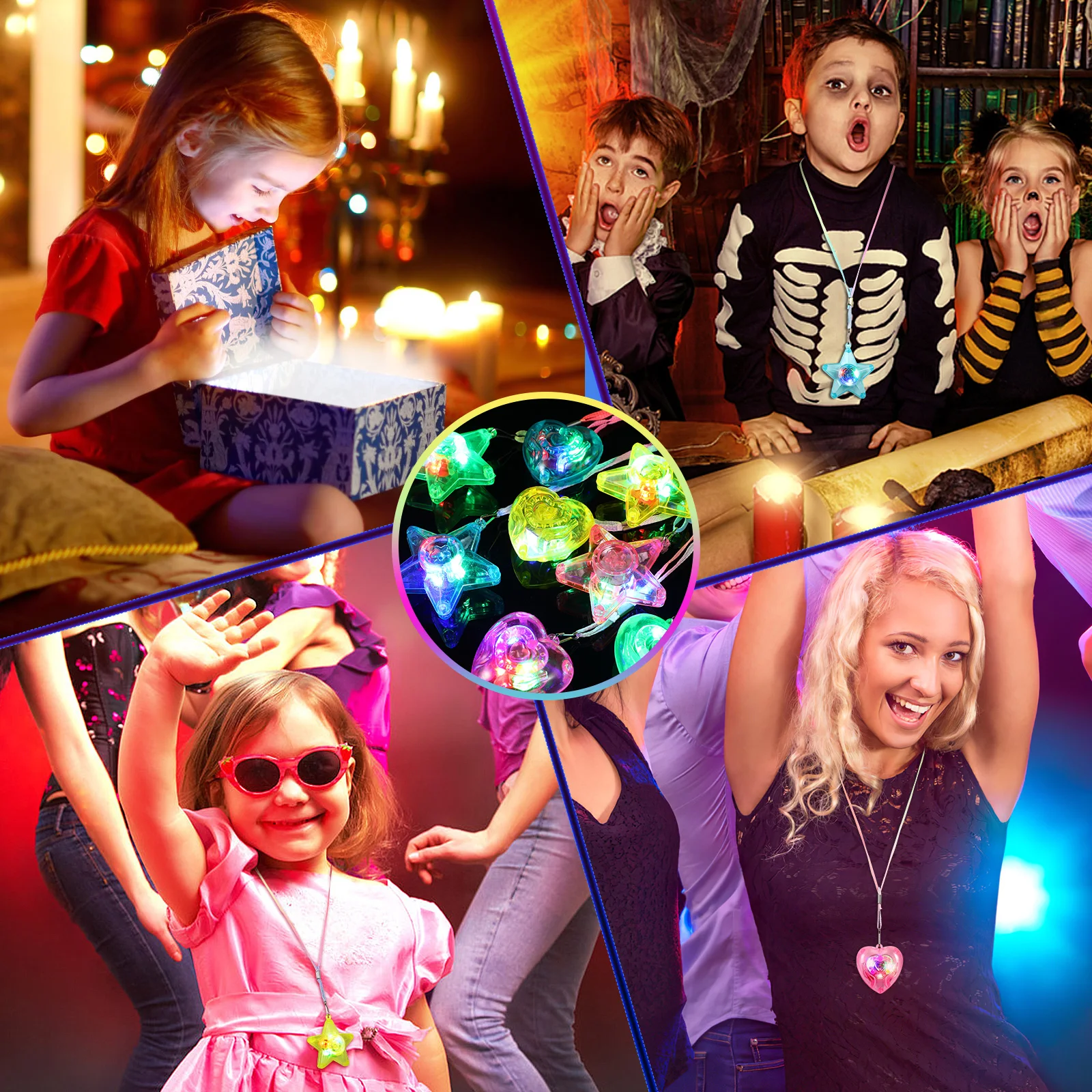 

8 Pcs Necklace Light Up Necklaces For Party 5x3cm Heart Star Pendant Light Up Necklaces for Kids Adults Party Wedding Gifts