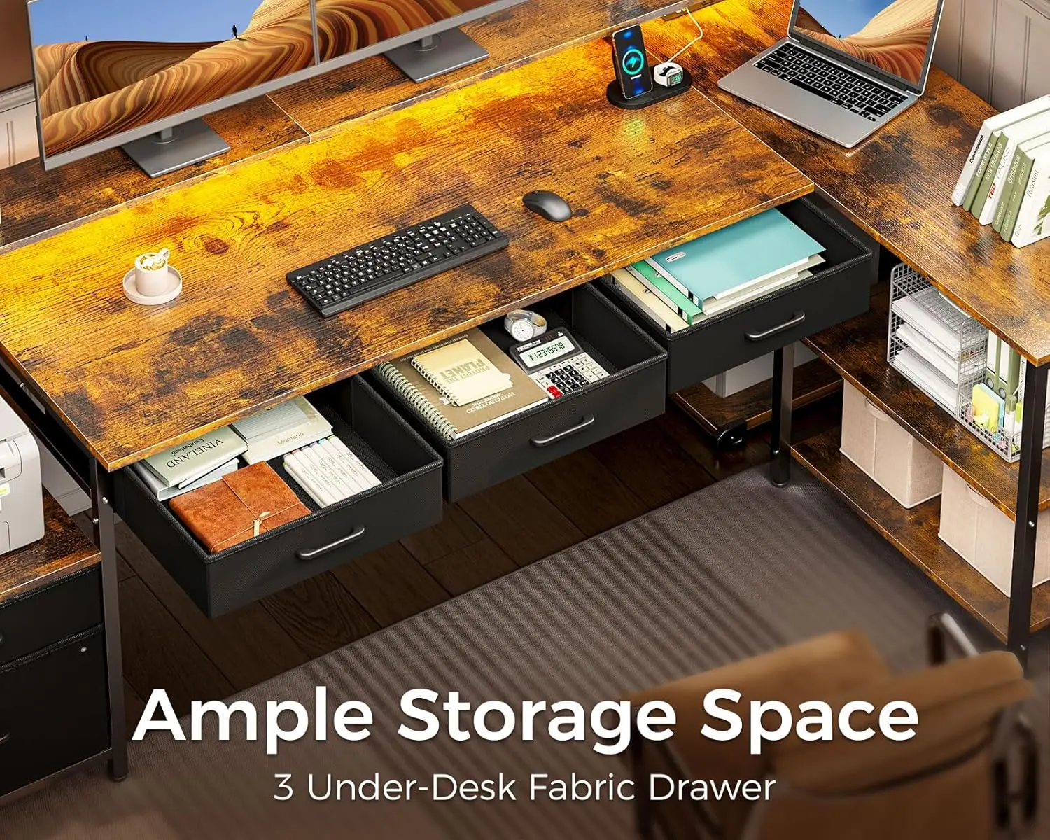 مكتب على شكل حرف L مع 5 أدراج، مكتب كمبيوتر قابل للعكس مقاس 75 بوصة، مخرج طاقة، شريط LED، رف شاشة، أرفف تخزين، مكتب ألعاب