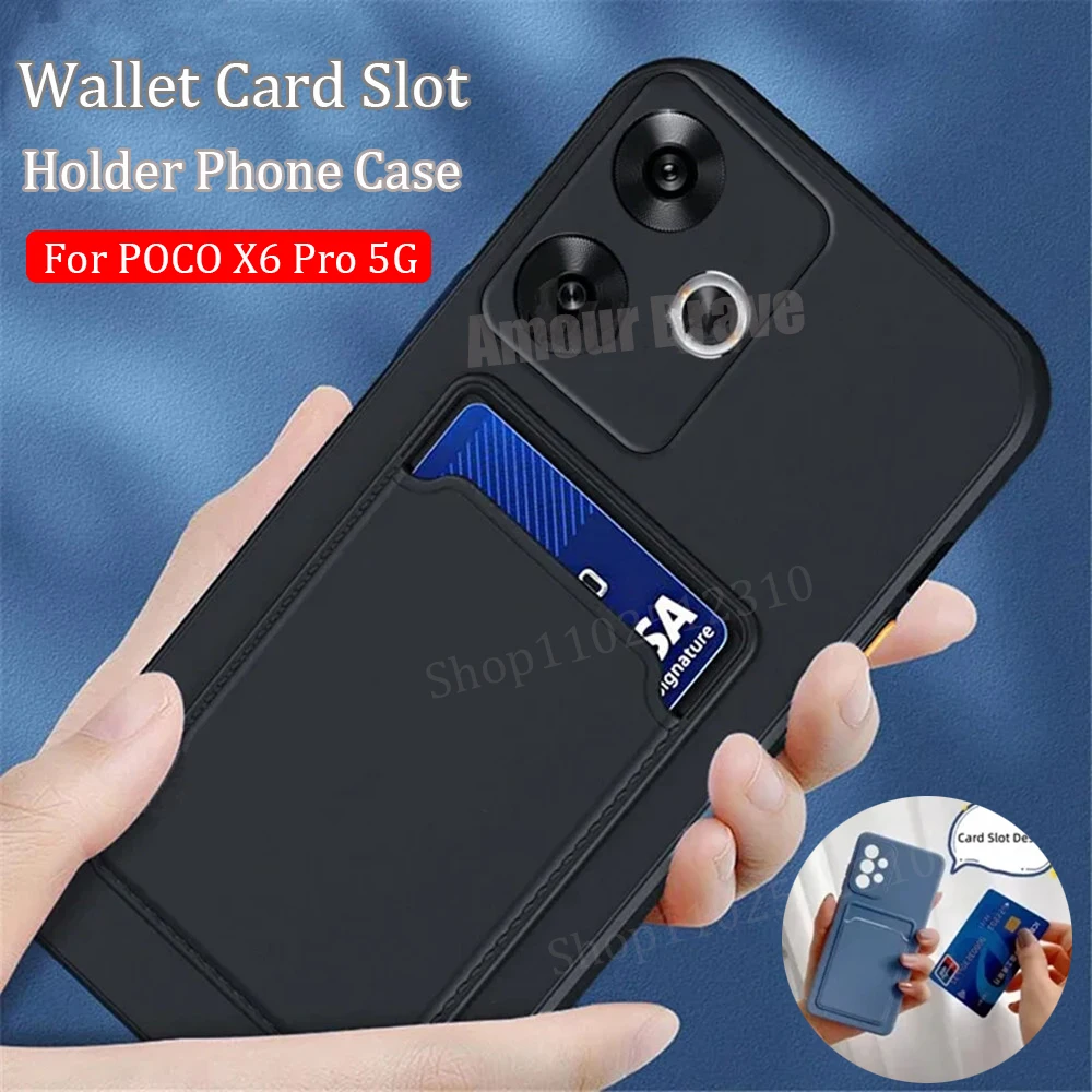 Card Slot Holder Phone Case For Poco F6 F5 F4 F3 Pro Liquid Silicone Wallet Back Cover For Poco X6 X5 X4 X3 M6 M5 M4 Pro 5G Capa