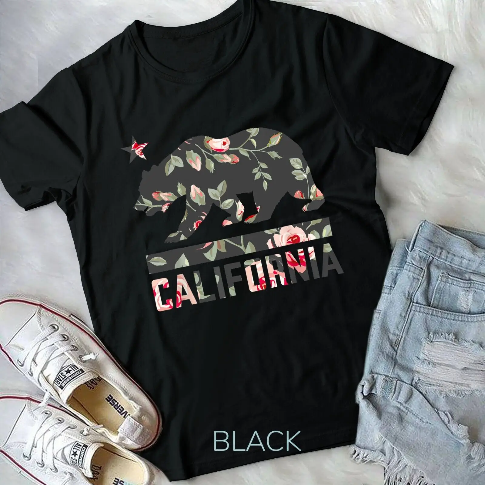 

California Bear State Flag Floral Rose T-Shirt Unisex T-shirt