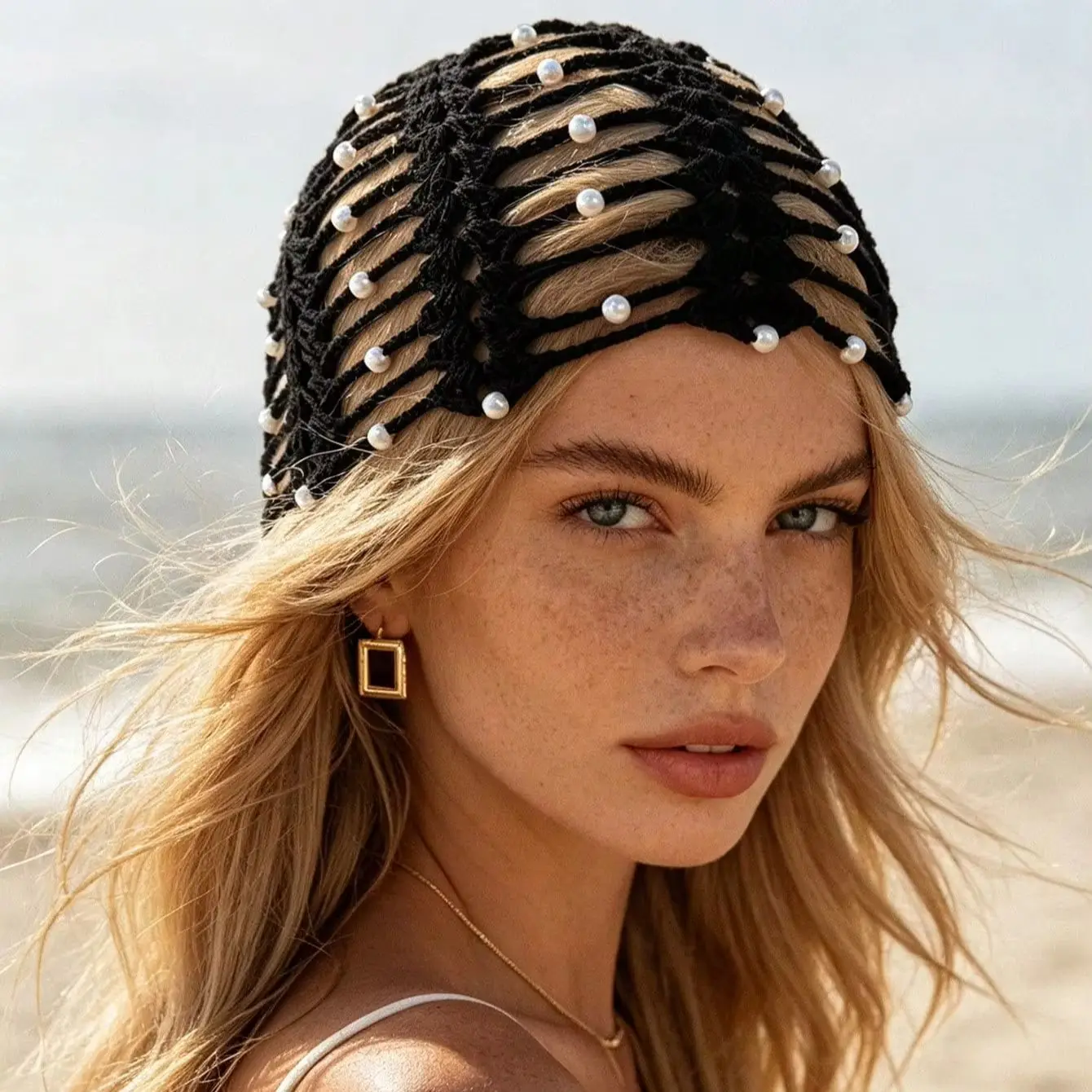 1pc Women's  Bohemian Y2K Detachable Shell Handmade Knitted Hat Hollow Out Beanie Suitable For Daily Streetwear Vacation
