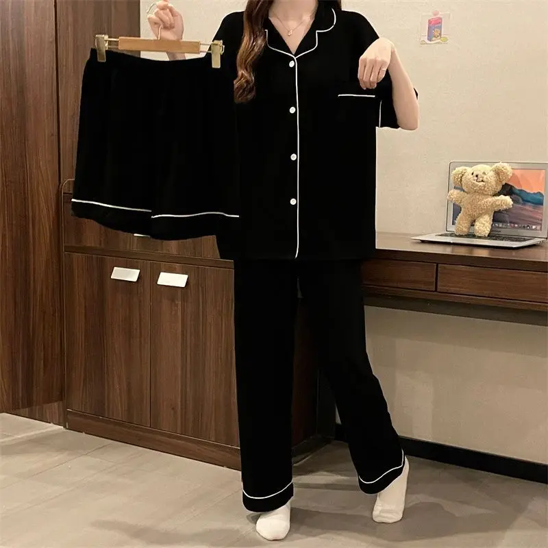 

Black Simple Summer Pajamas Women's Short Sleeve Set Shorts and Pants Loose Three Piece Home Clothes